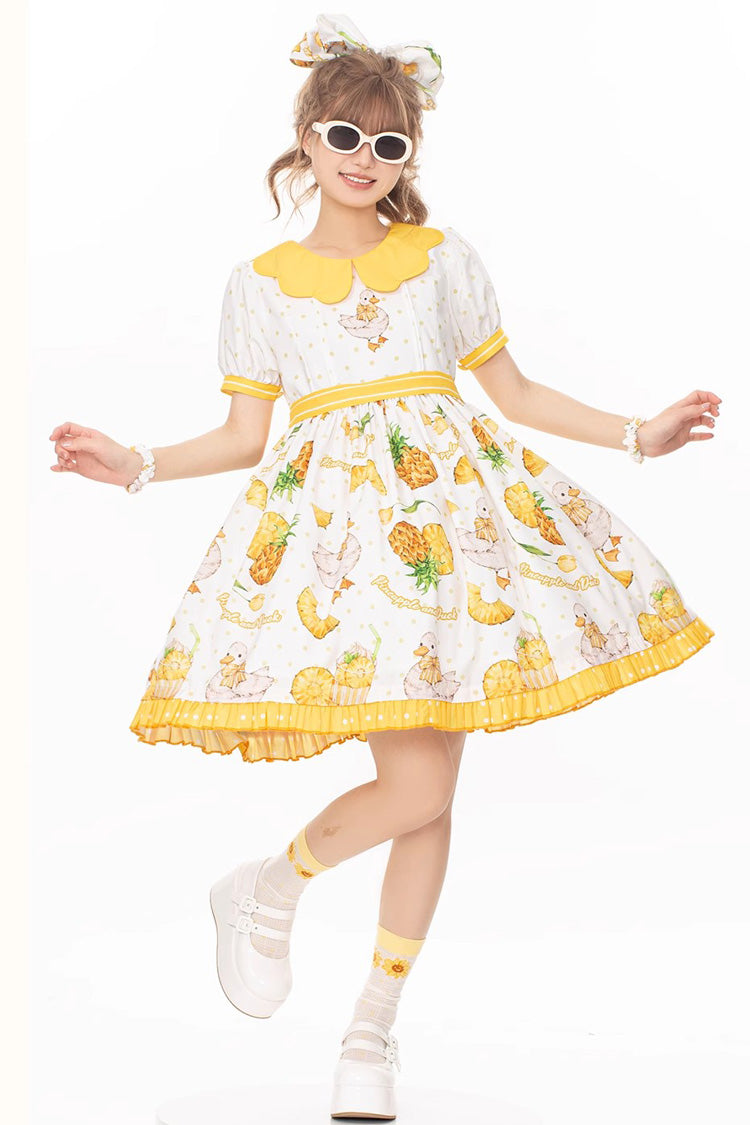 White/Yellow Sweet Duck Print Bowknot Puff Short Sleeves Lolita OP Dress