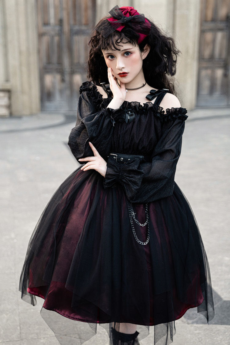 Black Boat Neck Metal Chain Organza Stitching Gothic Lolita OP Dress (Short Version)