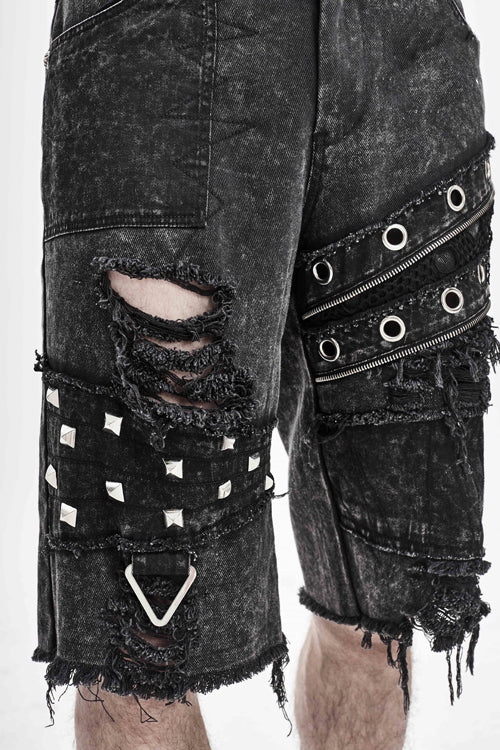 Black Decadence Punk Rock Nailed Ragged Shorts Mens Pants