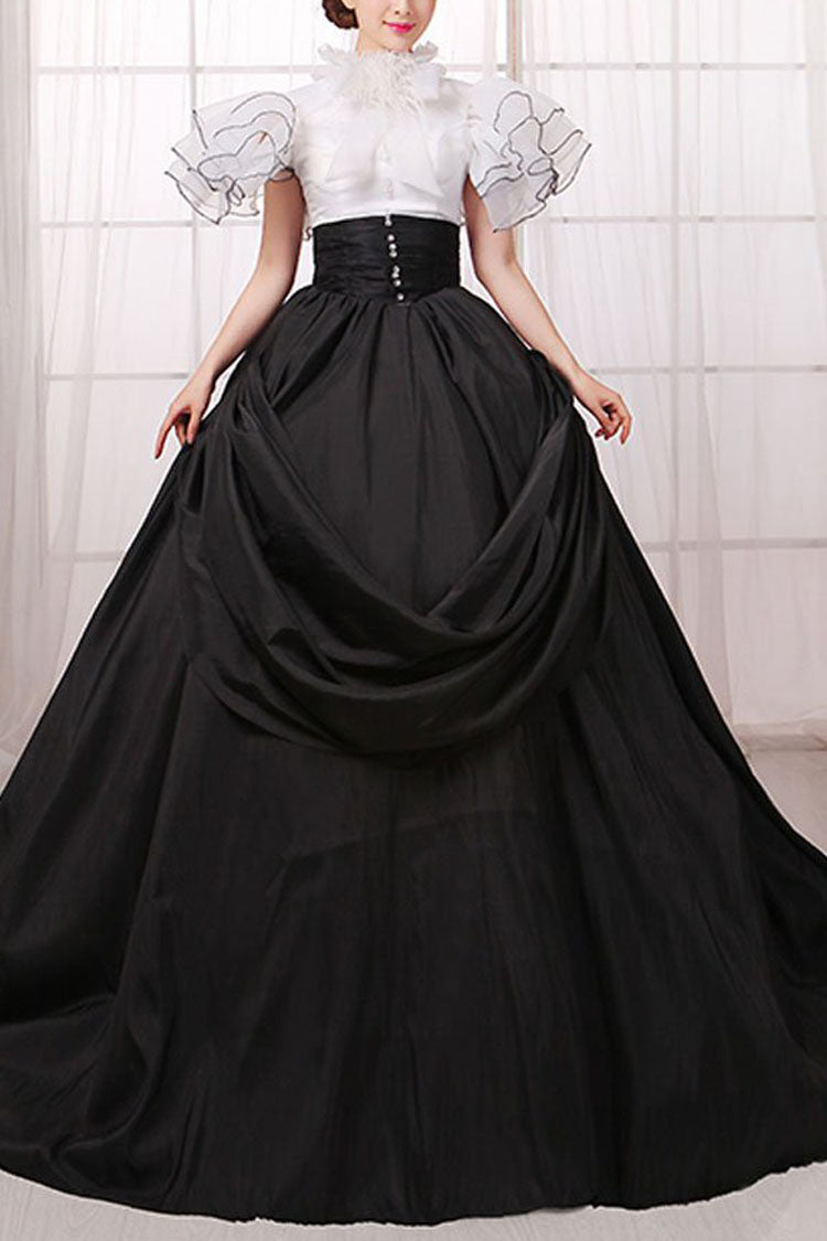 White/Black Stitching Short Sleeves High Waisted Back Zipper Bowknot Victorian Lolita Prom Dress