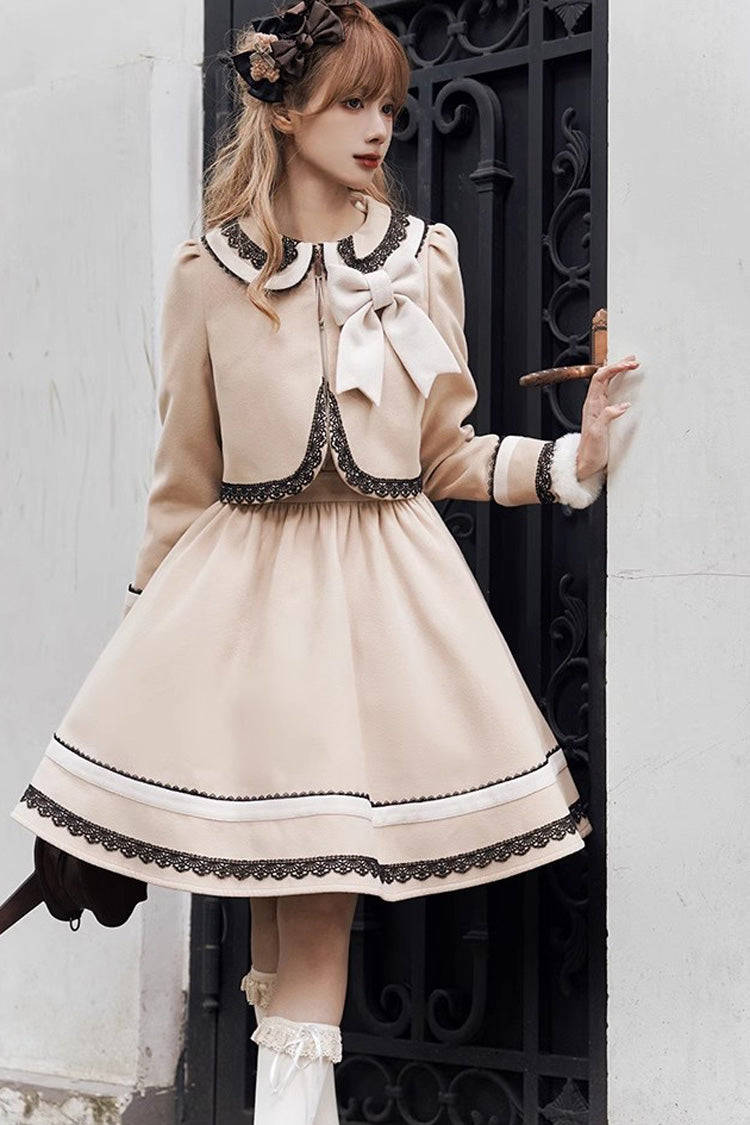 Light Tan Doll Collar Bowknot Autumn Winter Sweet College Style Lolita Dress Two Piece Set