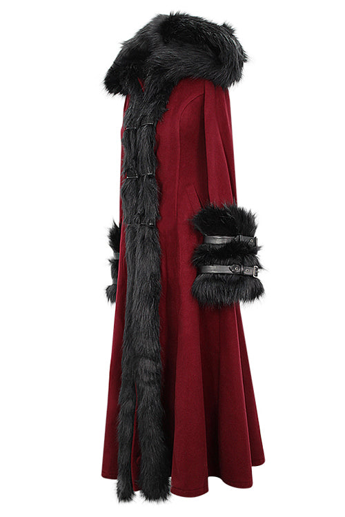 Red Gothic Party Woolen Hooded Sexy Women Long Coat