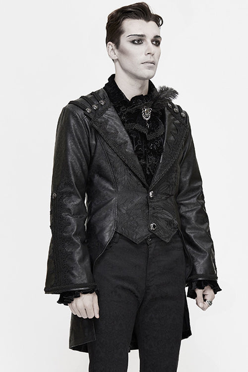 Black V Collar Wide Sleeves Swallowtail Fitted Leather Mens Gothic Coat