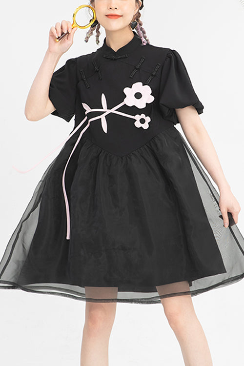 Black Stand Collar Lantern Short Sleeves Floral Print Organza Panel Sweet Lolita Dress