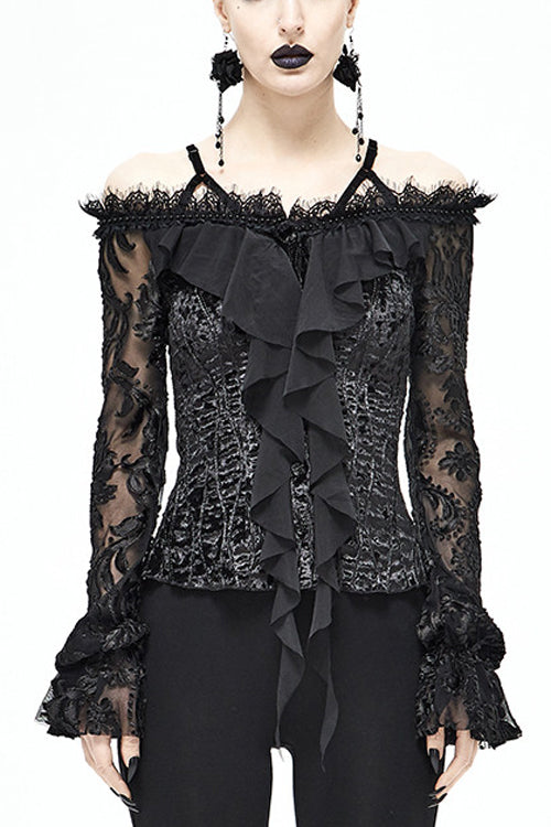 Black Lace Sleeves Velvet Sexy Womens Gothic Blouse