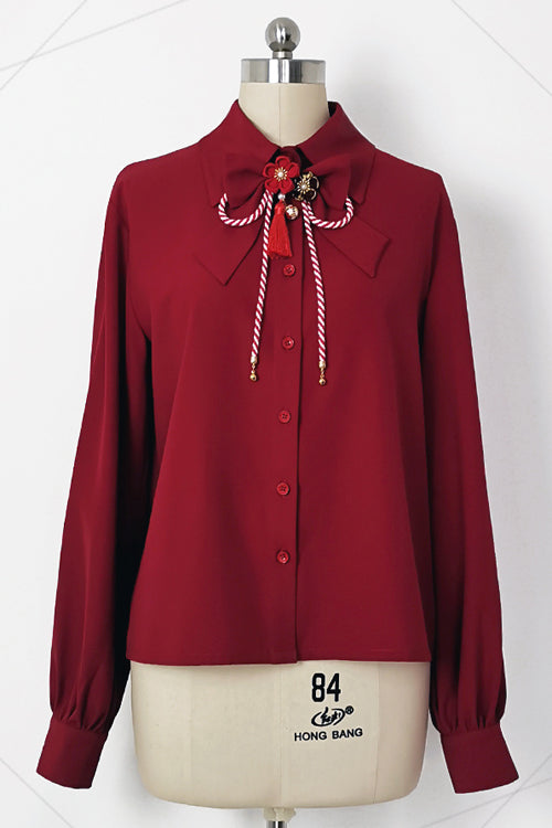 Red Original Lily Rabbit Lapel Collar Long Sleeves Ouji Lolita Blouse