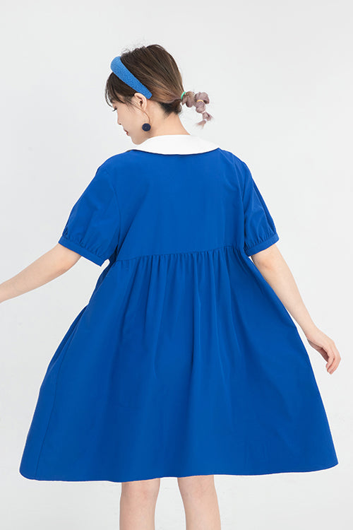 Blue Lapel Collar Short Sleeve High Waist Single Breasted Sweet Lolita Dress