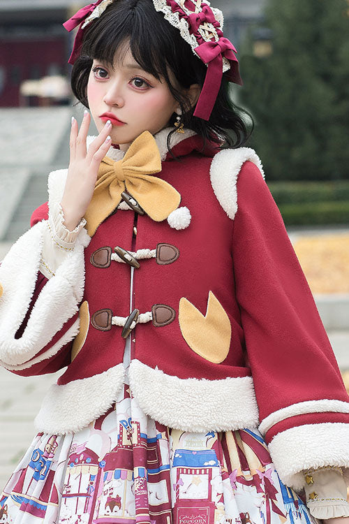 Herbst Winter Doppelkragen Bowknot Einreihiger Süßer Lolita Cape Mantel