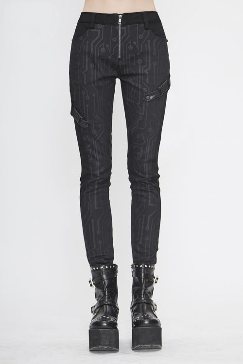 Schwarze Damenhose aus Leder mit Punk-Circuit-Print