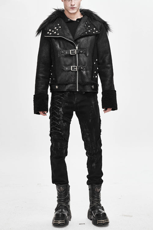 Black Wool Collar Decadent Warm Short Mens Punk Jacket