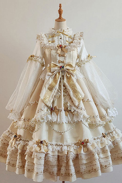 ゴールド花嫁蝶結びプリンセスマルチレイヤーフリルスウィートロリータJSKドレス