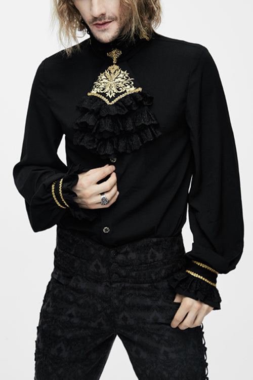 Black Chiffon Chest Embroidery Lace Sleeves Mens Gothic Blouse