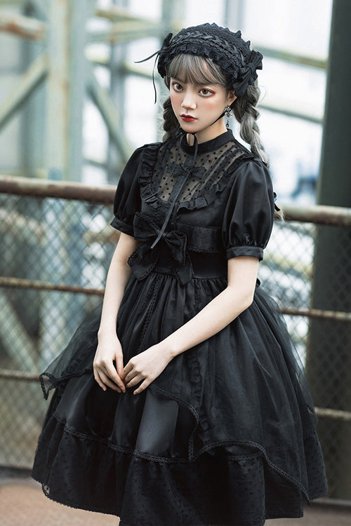 Black Elegant Round Collar Bowknot Short Sleeves High Waisted Gothic Lolita OP Dress