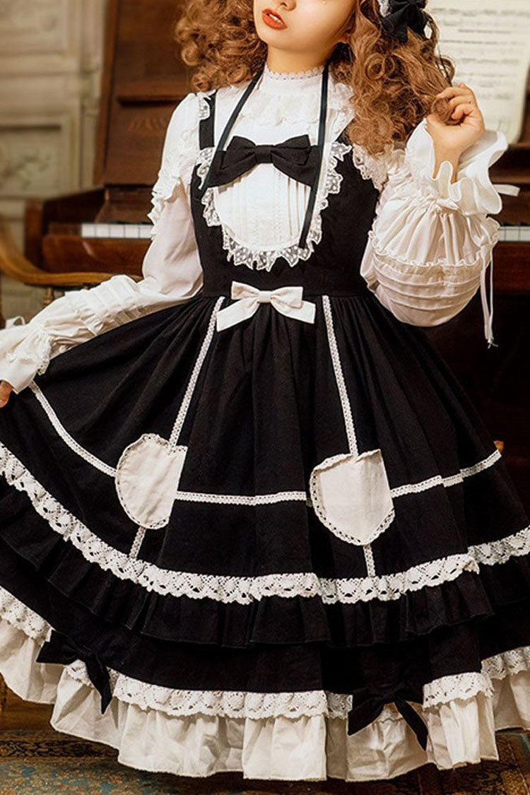 Black Lace Stitching High Waisted Bowknot Ruffled Sweet Lolita Jsk Dress