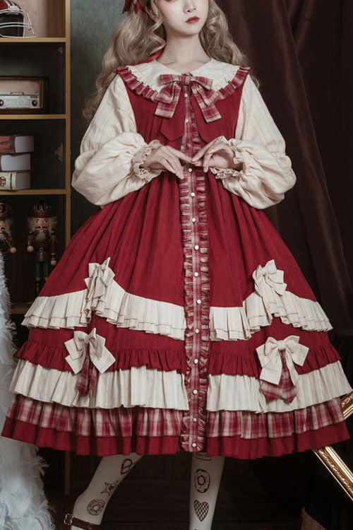 Little Red Riding Hood Lapel Collar Christmas Bowknot High Waisted Multi-Layer Ruffled Sweet Lolita OP Dress