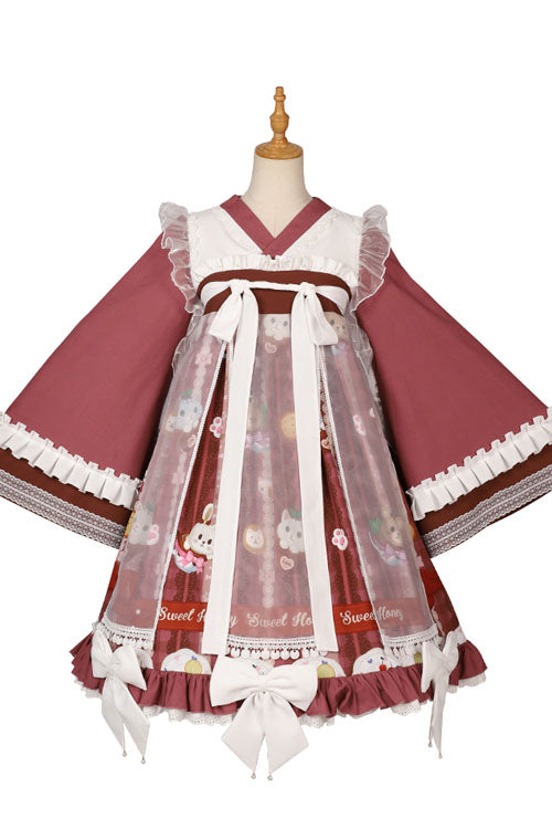Dark Red Cat Print Chinese Style Bowknot Ruffled High Waisted Long Trumpet Sleeves Sweet Lolita OP Dress