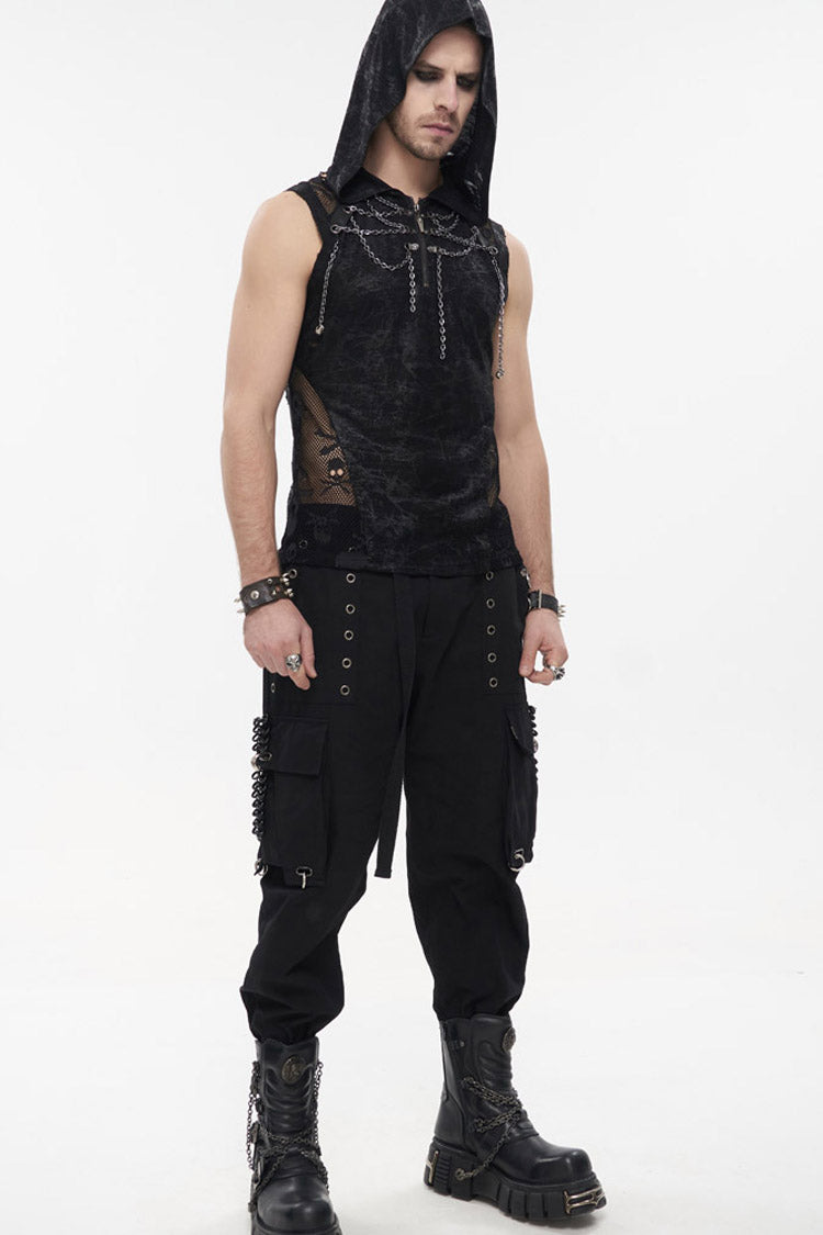 Black Punk Tatting Multi-Pocket Metal Chain Cargo Men's Pants