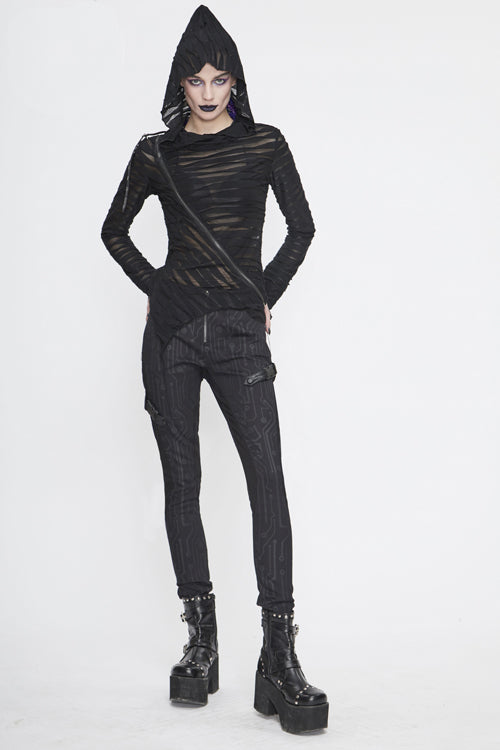Schwarze Damenhose aus Leder mit Punk-Circuit-Print