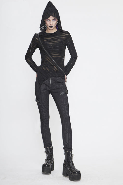 Black Punk Circuit Printed Leather Loops Womens Pants