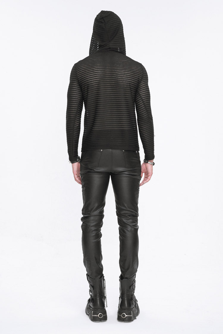 Black Striped Sheer Long Sleeve Men's Punk Sweatshirt Hooded