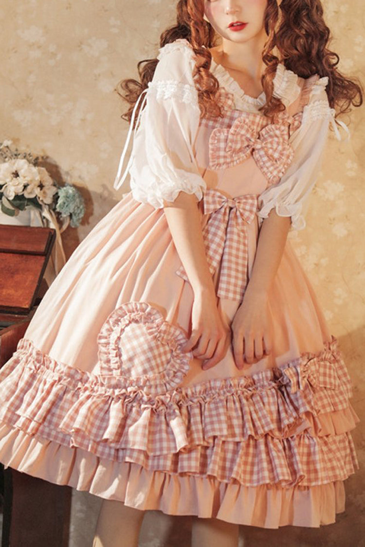ピンクの愛のハート型ポケットちょう結びフリル多層甘いロリータ Jsk ドレス