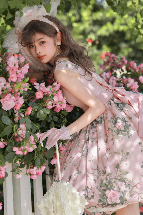 ピンクのエレガントなヴィンテージフレンチローズ花柄VカラーノースリーブフリルクラシックロリータJSKドレス