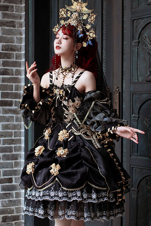 Black Vintage Elegant Court Style Embroidery Ruffled Classic Lolita JSK Dress