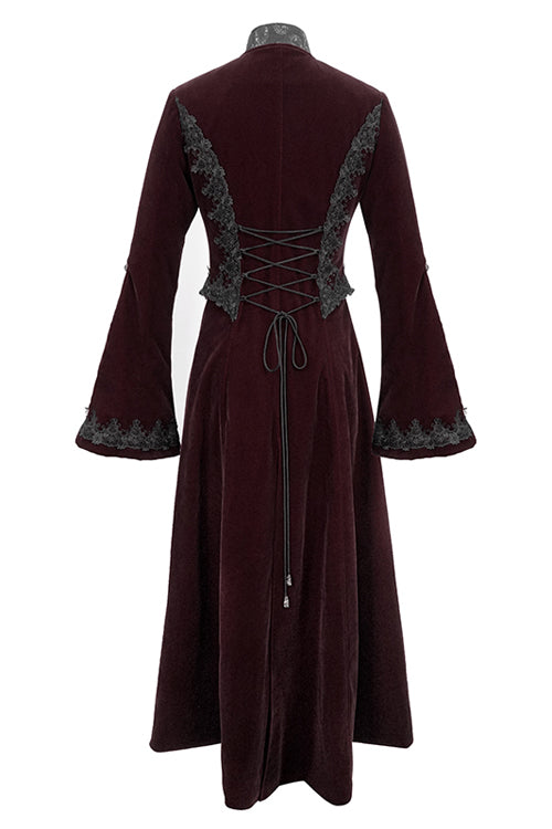 Red Lace Flared Sleeves Velvet Long Womens Gothic Coat