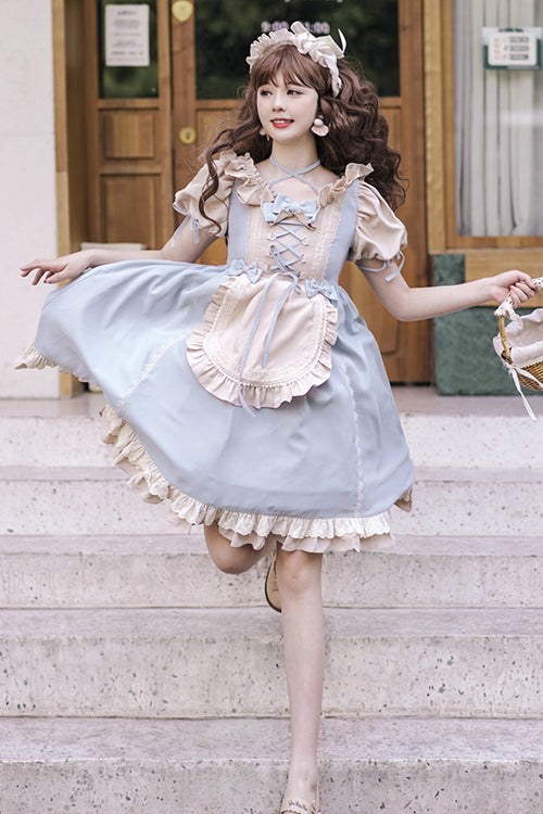 Round Collar Puff Doll Short Sleeves High Waist Bowknot Sweet Lolita Op Dress