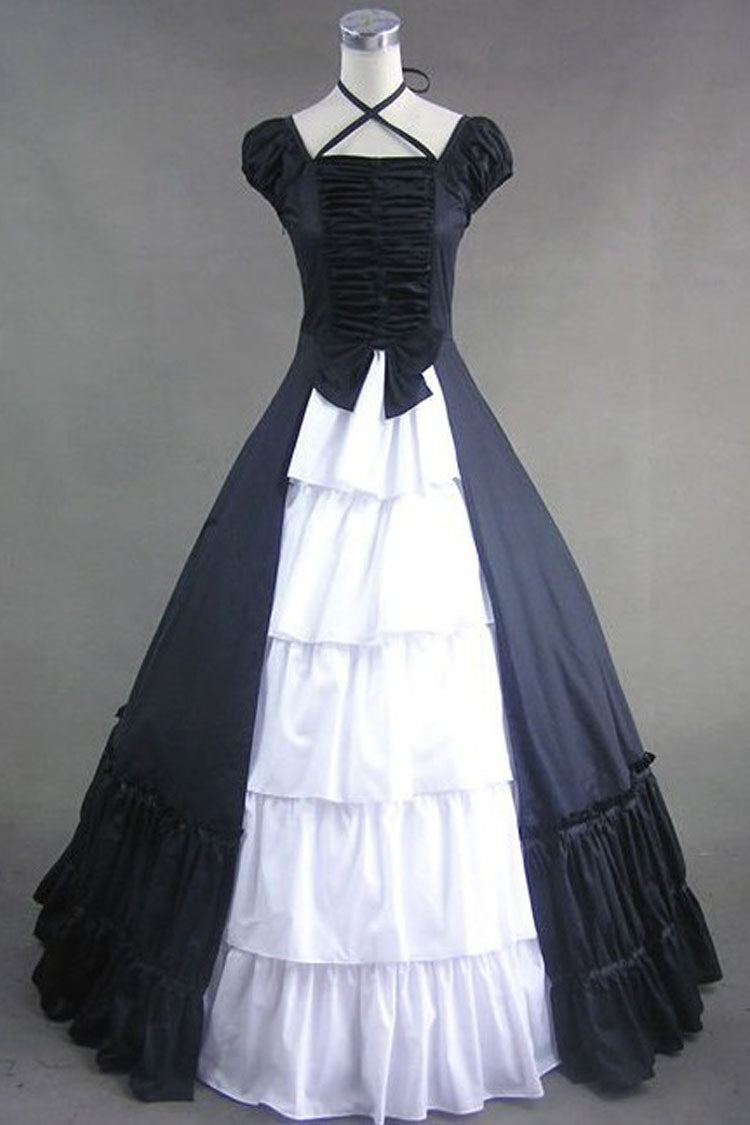 Black Cotton Cap Sleeves Floor Length Bowknot Cardigan Multi-Layer Pleats Victorian Gothic Lolita Strap Dress