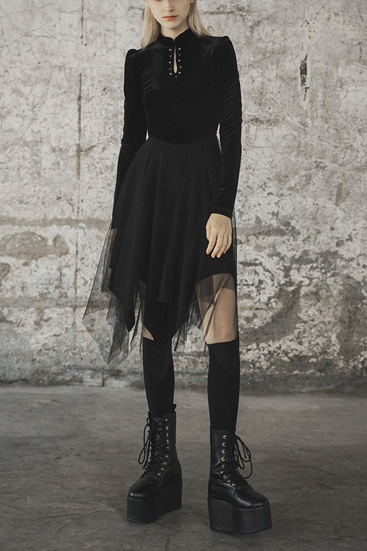 Black Velvet Mesh Stitching Elastic Women's Gothic Dress