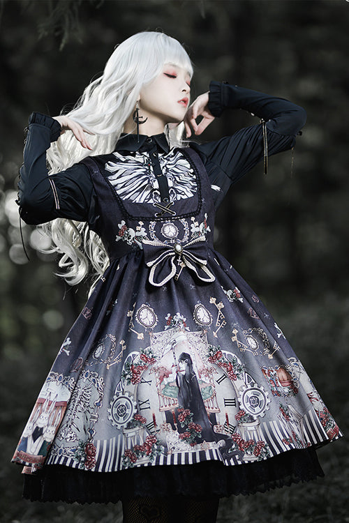 Lapel Collar Long Sleeve Black Fairy Tale Print Gothic Lolita JSK Dress