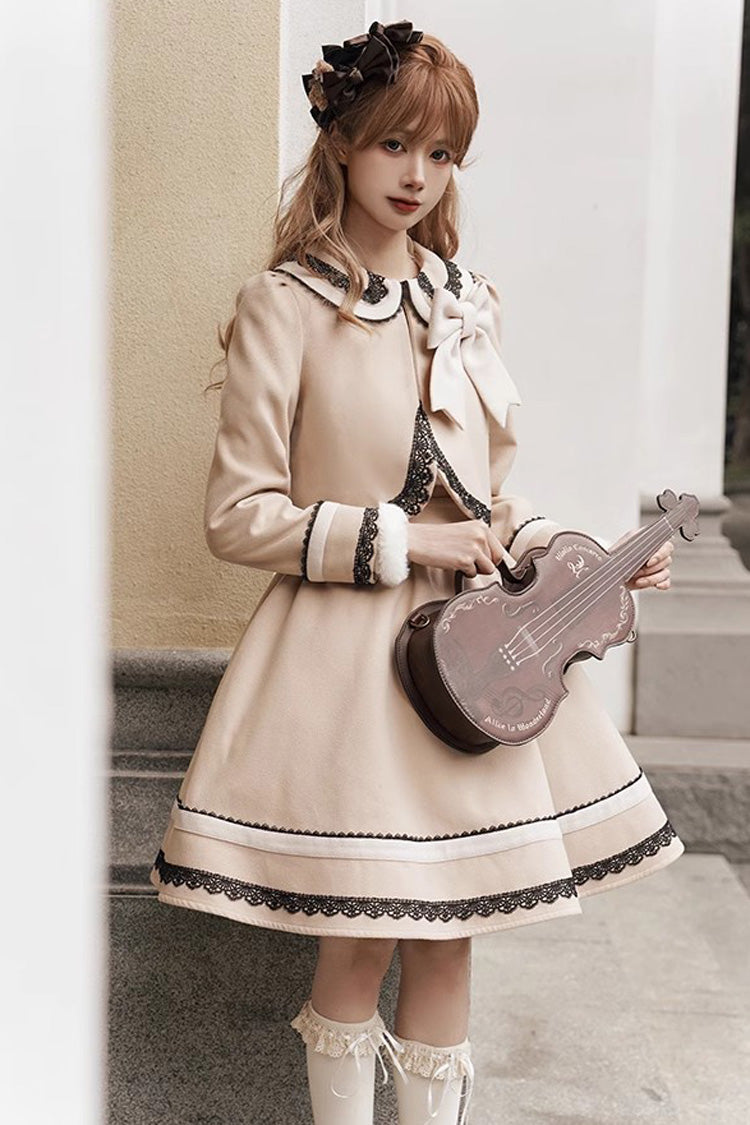 Light Tan Doll Collar Bowknot Autumn Winter Sweet College Style Lolita Dress Two Piece Set