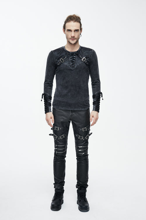 Black Faded Long Sleeves Lace Up Mens Punk T-Shirt