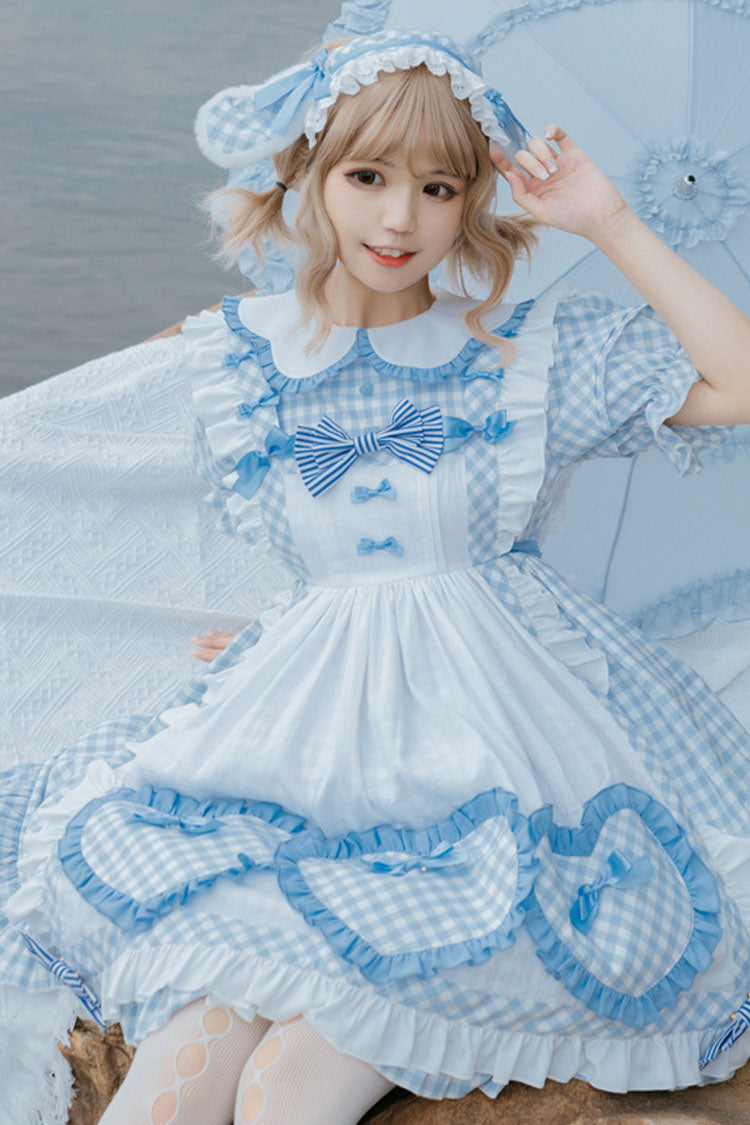 Light Blue Love Plaid Print Bowknot Short Sleeves Princess Sweet Lolita OP Dress (Apron is included)