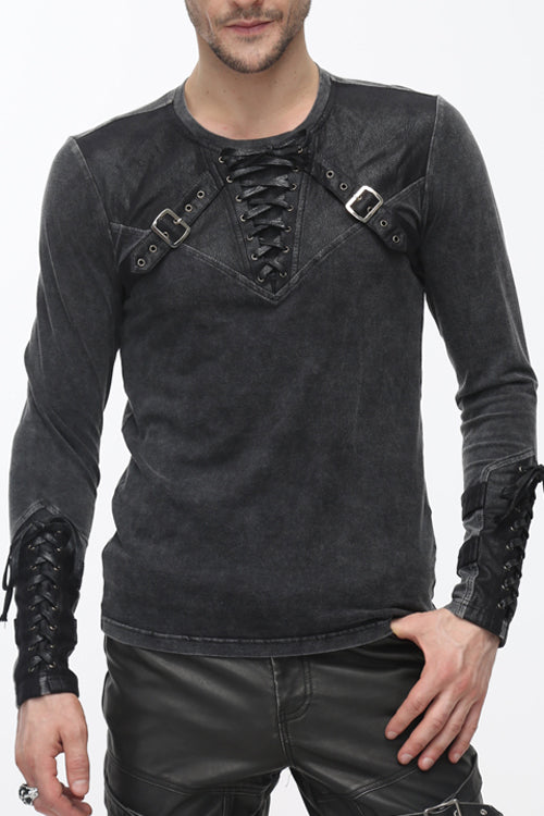 Black Faded Long Sleeves Lace Up Mens Punk T-Shirt