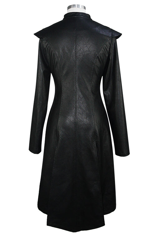 Black waisted short front and long back bare breast leather long womens Punk coat