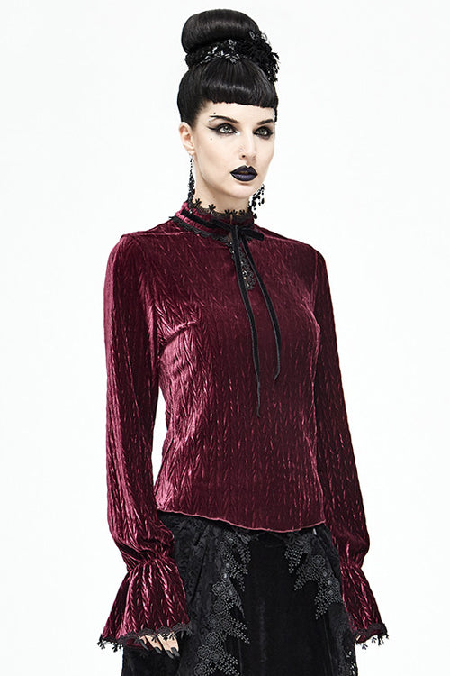 Red Pleated Velvet Trumpet Sleeves Womens Gothic Blouse