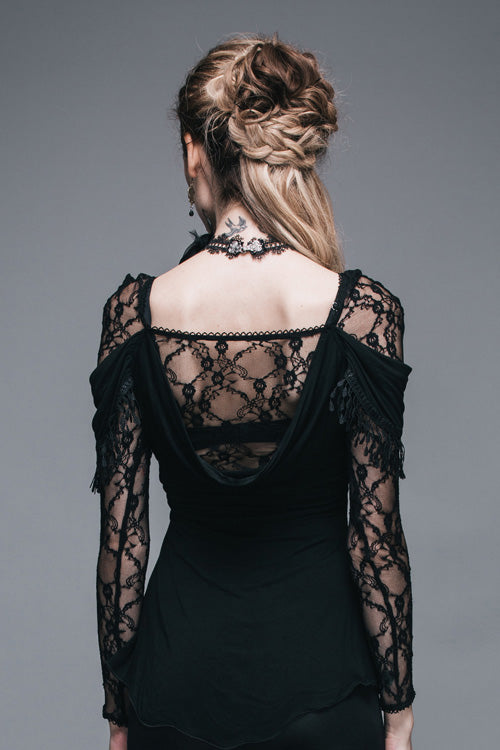 Black Rose Lace Long Sleeves Modal Womens Gothic T-Shirt