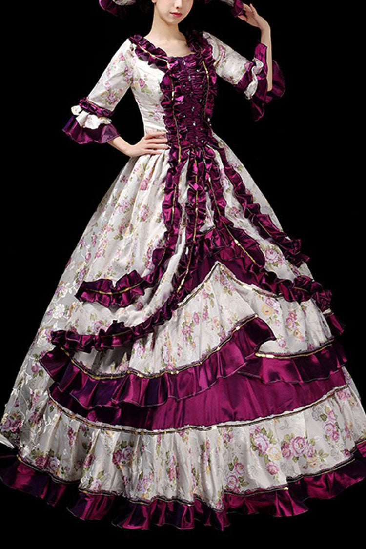 Floral Print Half Sleeves Stitching Ruffled Multi-Layer Victorian Lolita Prom Dress