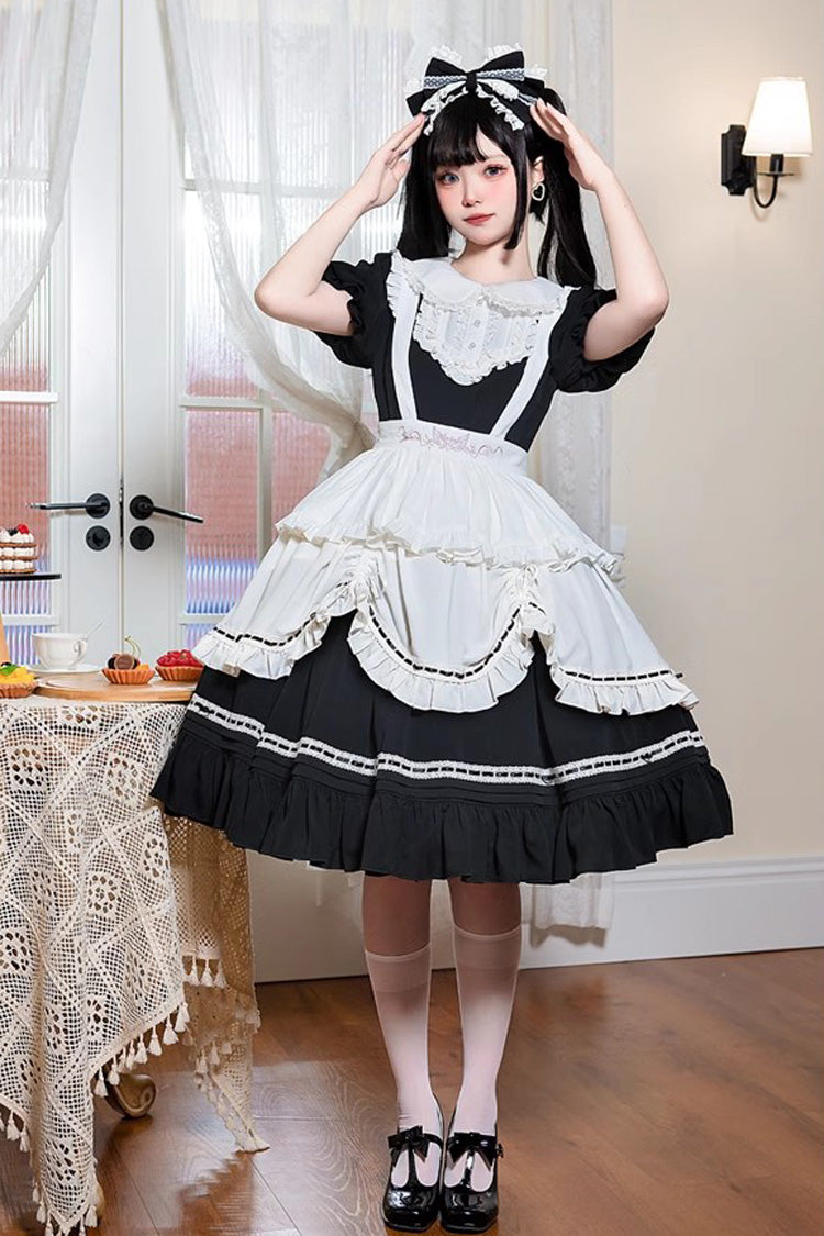 Black Lapel Collar Short Sleeves Ruffle Bowknot Maid Gothic Lolita Dress