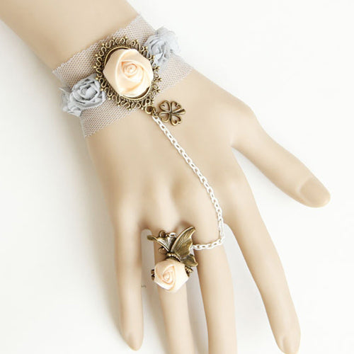 Grey Retro Fashion Lace White Rose Flower Female Lolita Ring Bracelet