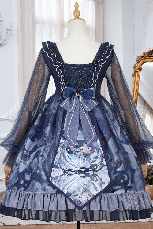Dark Blue Unicorn Print Long Sleeves High Waisted Ruffled Classic Lolita OP Dress