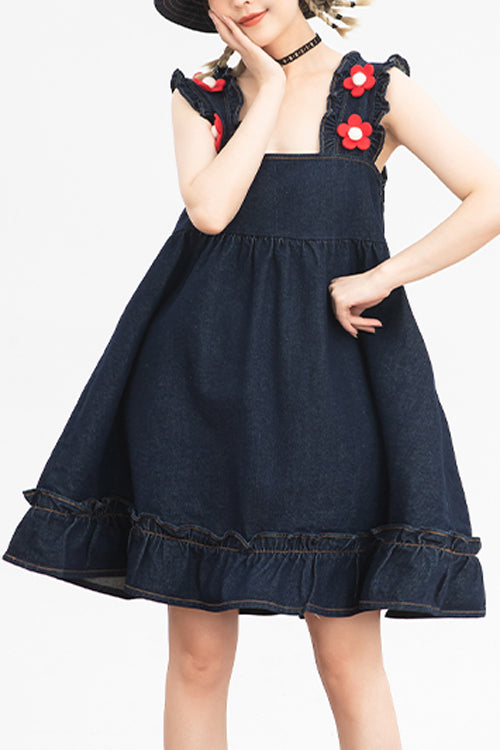 Schwarzes, hoch tailliertes Lolita-Trägerkleid aus Denim mit Rüschenträgern und Blumen-Accessoires