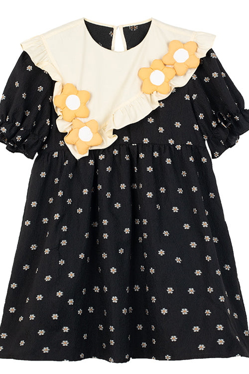 Black Ruffled Splicing Round Collar Bubble Short Sleeves Floral Print High Waisted Sweet Lolita Dress