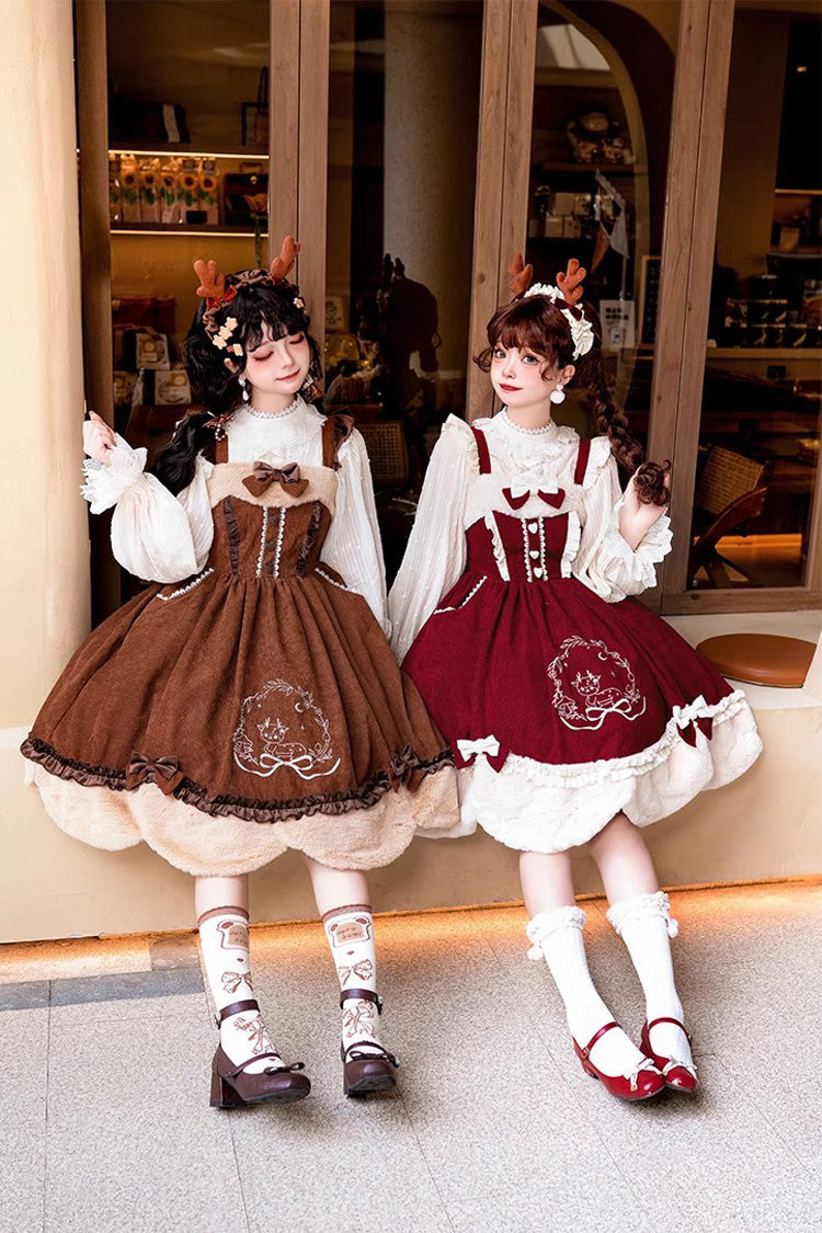 Deer Print Embroidery Bowknot Princess Autumn Winter Sweet Lolita JSK Dress 2 Colors