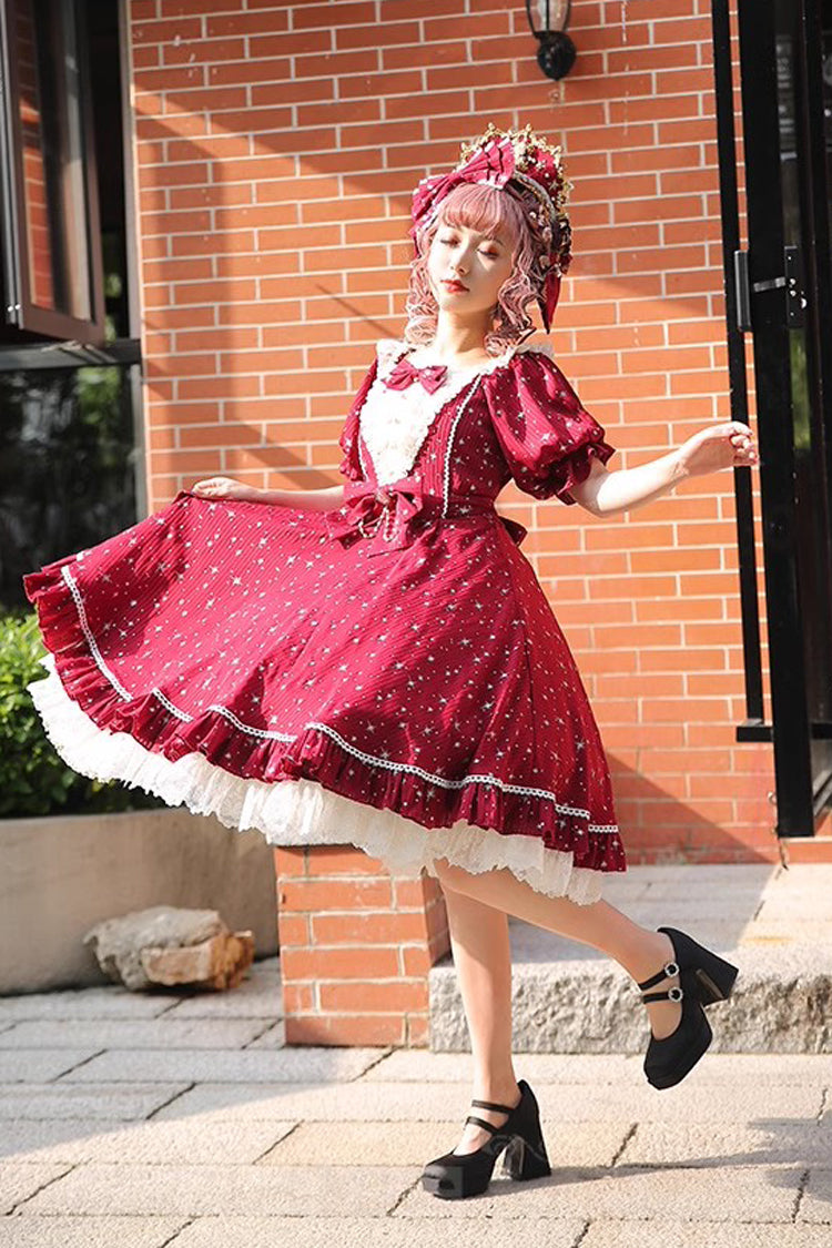 Midsummer Galaxy Shiny Star Print Short Sleeves Ruffle Bowknot Sweet Lolita OP Dress