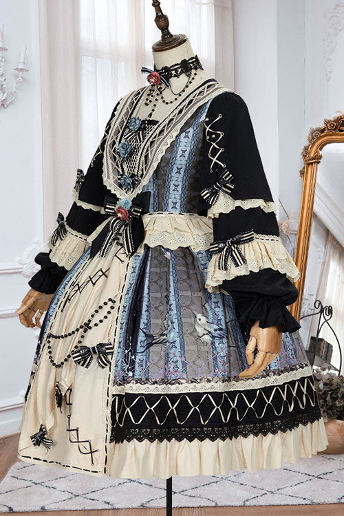Multi-Color Finches In The Mirror Print Cardigan Long Sleeves Princess Ruffled Classic Lolita OP Dress