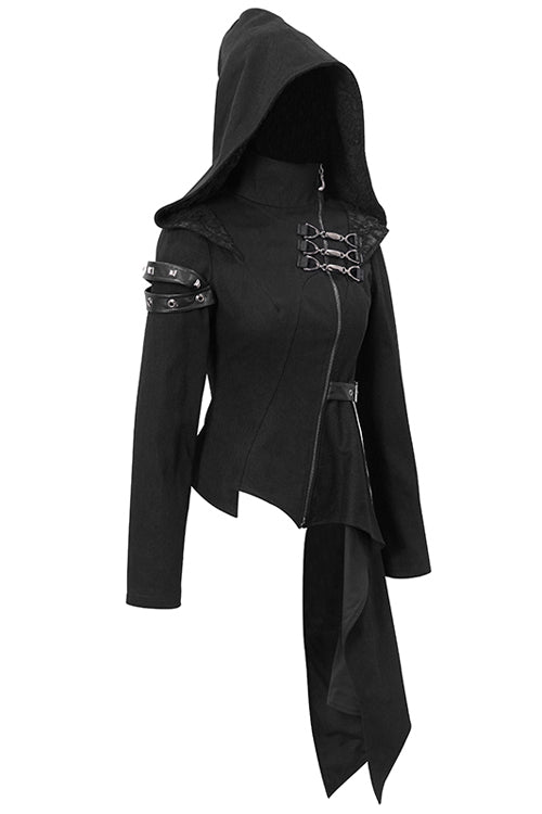 Black Hooded Asymmetrical Zipper Womens Punk Jacket