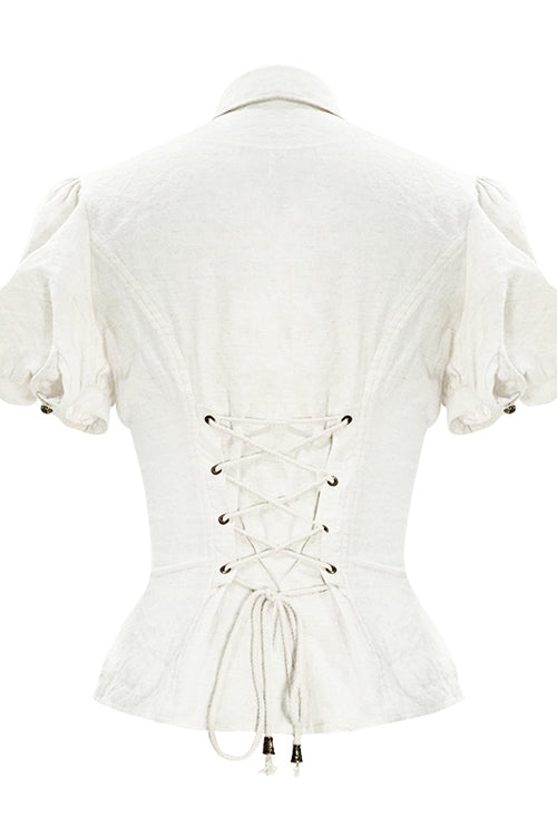 White Cotton Short Sleeves Slim Womens Punk Blouse